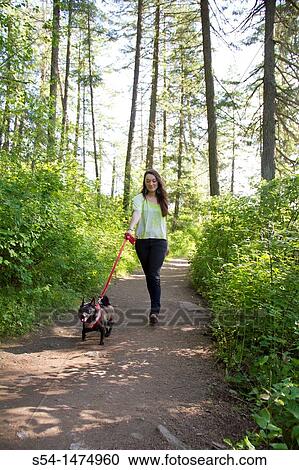 Stock Image - A young caucasian woman outdoors with her dog on Tubbs Hill, Coeur d? Alene, Idaho, USA.. Fotosearch