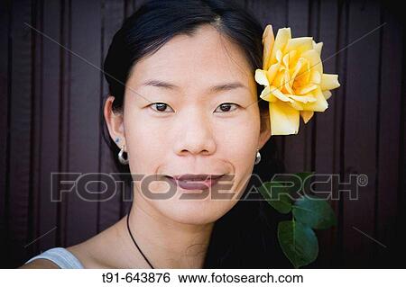 a young Chinese women with a rose in her hair View Large Photo Image Stock Photograph - a young Chinese women with a rose in her hair. Fotosearch