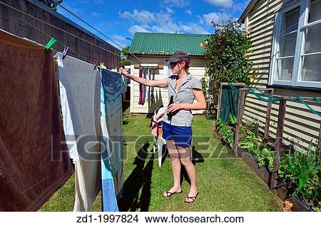 A young smiling woman drinks beer while hanging clothes on clothes line using clothes peg. View Large Photo Image Picture - A young smiling woman drinks beer while hanging clothes on clothes line using clothes peg.. Fotosearch