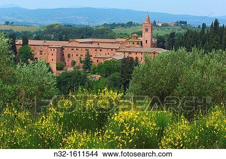Picture - Abbey of Monte Oliveto Maggiore, Asciano, Siena Province, Crete Senesi, Tuscany, Italy, Europe. Fotosearch