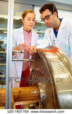 Picture - Acoustic test bench, Railway wheel, Optimal soundproofing project on railways, Laboratory of Railways, Applied Mechanics, Tecnun, School of Engineering of San Sebastian, University of Navarra, Donostia, Gipuzkoa, Basque Country, Spain. Fotosearch