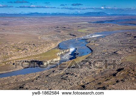 Picture - Aerial of Hljodaklettar, Northern Iceland Hljodaklettar Echo Cliffs are rock formations from ancient craters, which mostly consist of basaltic columns The cliffs are part of the Jokulsargljufur canyon and the river is known as Jokulsa a Fjollumo. Fotosearch