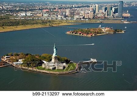 Stock Photo - AERIAL STATUE OF LIBERTY NEW YORK HARBOR NEW JERSEY USA.. Fotosearch