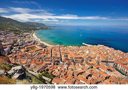 Stock Photo - Aerial view at Cefalu from La Rocca, Cefalu (Cefa) Sicily, Italy.. Fotosearch