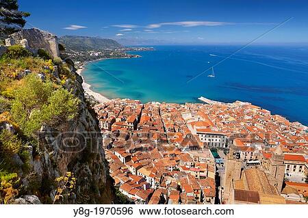 Aerial view at Cefalu from La Rocca hill, Cefalu (Cefa) Sicily, Italy. View Large Photo Image Stock Photograph - Aerial view at Cefalu from La Rocca hill, Cefalu (Cefa) Sicily, Italy.. Fotosearch