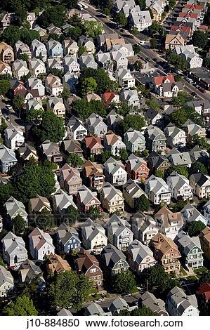 Stock Image - Aerial view housing rows, Somerville, Massachusetts, USA. Fotosearch
