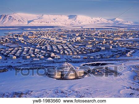 Stock Image - Aerial view in winter, Reykjavik, Iceland.. Fotosearch