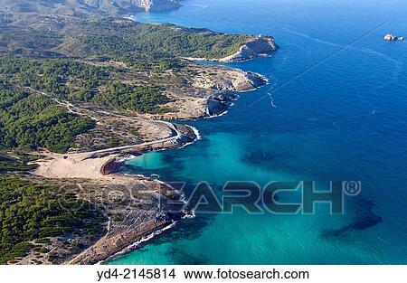 Picture - Aerial view of Cala Torta, Cala Mitjana, Cala Estreta and Cala es Matzoc, North Island, Mallorca, Balearic Island, Spain.. Fotosearch