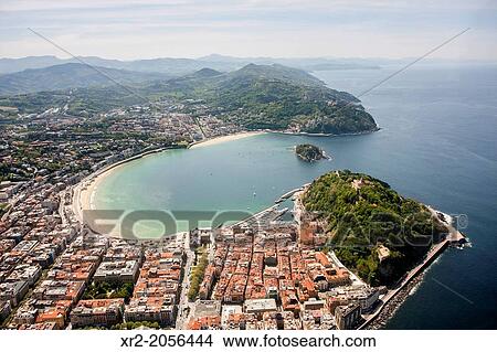 Picture - Aerial view of Concha Bay, Donostia - San Sebastian, Basque Country.. Fotosearch