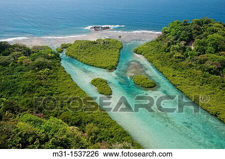 Aerial view of coral reefs and mangroves in Portobelo shore Caribbean, Colon province, Panama, Central America View Large Photo Image Stock Photograph - Aerial view of coral reefs and mangroves in Portobelo shore Caribbean, Colon province, Panama, Central America. Fotosearch