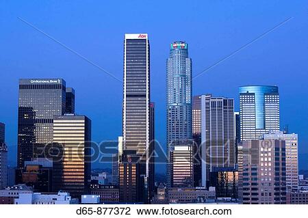 Aerial view of downtown from West 11th Street at dusk, Los Angeles, California, USA View Large Photo Image Stock Image - Aerial view of downtown from West 11th Street at dusk, Los Angeles, California, USA. Fotosearch