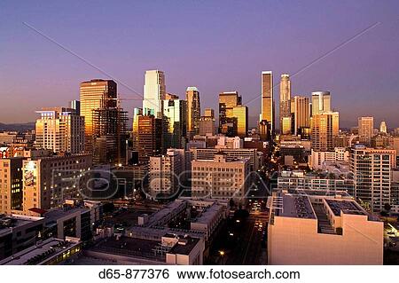 Aerial view of downtown from West 11th Street at dusk, Los Angeles, California, USA View Large Photo Image Stock Photograph - Aerial view of downtown from West 11th Street at dusk, Los Angeles, California, USA. Fotosearch