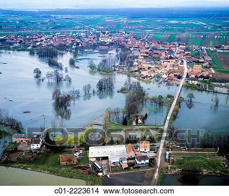 Aerial view of flood and Nordhouse village Alsace France. View Large Photo Image Picture - Aerial view of flood and Nordhouse village Alsace France.. Fotosearch