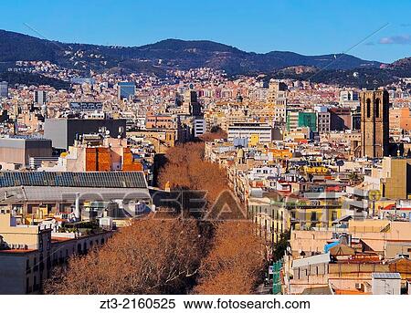 Aerial view of La Rambla in Barcelona, Catalonia, Spain. View Large Photo Image Stock Photography - Aerial view of La Rambla in Barcelona, Catalonia, Spain.. Fotosearch