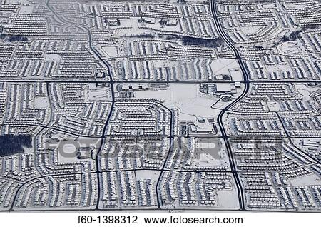 Stock Image - Aerial view of neighborhood in the snowy winter, Toronto, Ontario, Canada. Fotosearch