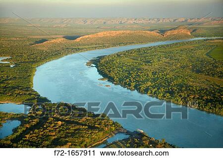 Stock Image - Aerial view of Ord River above Ord River Diversion Dam, Kununurra, Kimberley Region, Western Australia, Australia. Fotosearch