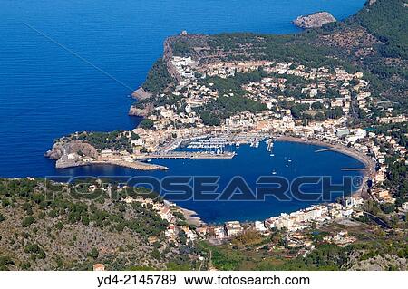 Aerial view of Port of Soller, Mallorca, Balearic Island, Spain. View Large Photo Image Stock Photo - Aerial view of Port of Soller, Mallorca, Balearic Island, Spain.. Fotosearch