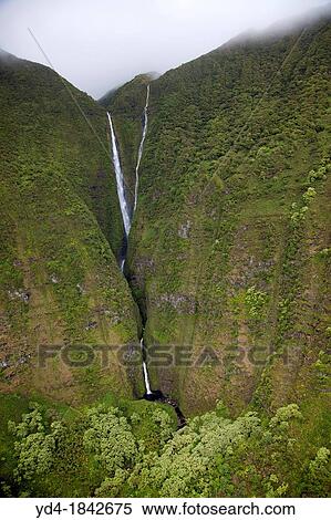Stock Photography - Aerial View of the waterfall in Molokai Island, Hawaii, USA. Fotosearch