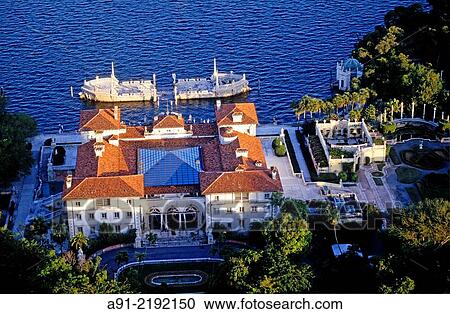 Stock Image - Aerial view of Villa Viscaya museum and park, City of Miami, Florida, United States of America (USA).. Fotosearch