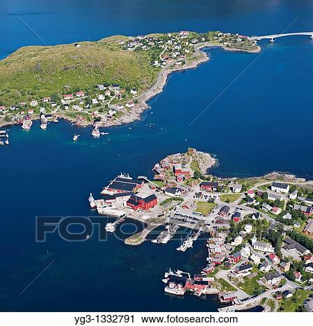 Stock Image - Aerial view of village of Reine, Moskenesoya, Lofoten islands, Norway. Fotosearch