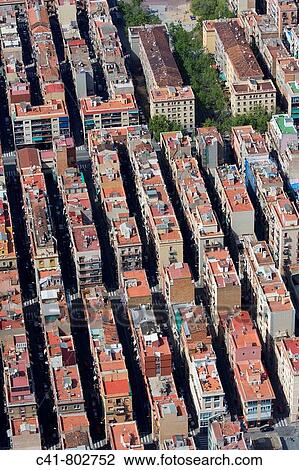 Stock Image - Aerial view on the Barceloneta neighbourhood, Barcelona. Catalonia, Spain. Fotosearch