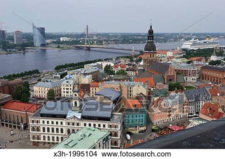 aerial view over the Daugava River and the Dome Cathedral from St Peter's Church tower, Riga, Latvia, Baltic region, Northern Europe. View Large Photo Image Picture - aerial view over the Daugava River and the Dome Cathedral from St Peter's Church tower, Riga, Latvia, Baltic region, Northern Europe.. Fotosearch