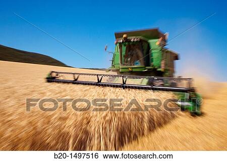 Stock Photograph - Agricultural machinery Combine harvester on field of wheat? Learza? estate Near Estella, Navarre, Spain. Fotosearch