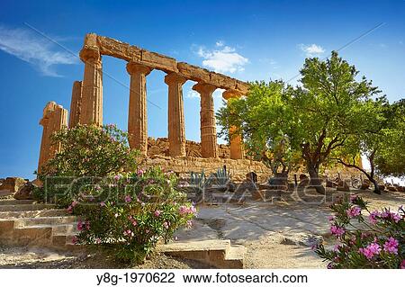 Stock Image - Agrigento - Temple of Hera in Valley of Temples (Valle dei Templi), Agrigento, Sicily, Italy UNESCO.. Fotosearch