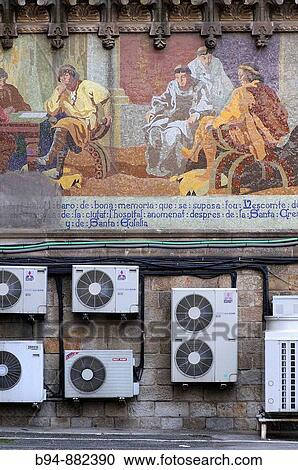 Stock Image - Air conditioning equipment. Sant Pau Hospital, Barcelona, Catalonia, Spain. Fotosearch