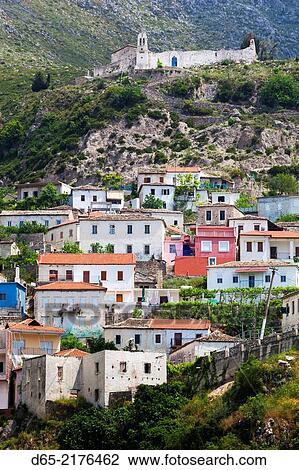 Albania, Albanian Riviera, Dhermi, elevated town view. View Large Photo Image Stock Image - Albania, Albanian Riviera, Dhermi, elevated town view.. Fotosearch