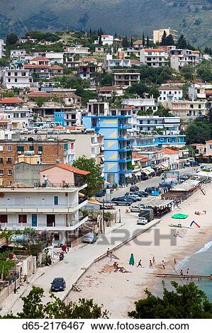 Albania, Albanian Riviera, Himara, elevated beach view. View Large Photo Image Stock Photo - Albania, Albanian Riviera, Himara, elevated beach view.. Fotosearch