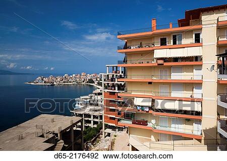 Albania, Albanian Riviera, Saranda, elevated city view. View Large Photo Image Stock Image - Albania, Albanian Riviera, Saranda, elevated city view.. Fotosearch