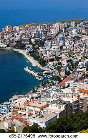 Albania, Albanian Riviera, Saranda, elevated city view. View Large Photo Image Stock Photo - Albania, Albanian Riviera, Saranda, elevated city view.. Fotosearch