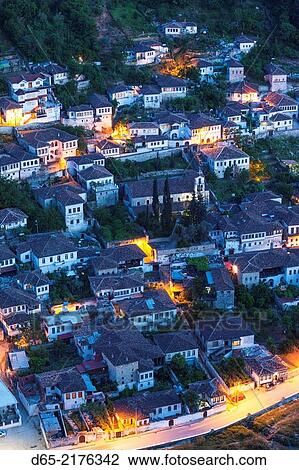 Albania, Berat-area, Gorica, elevated village view from the Kala Citadel, dusk. View Large Photo Image Stock Image - Albania, Berat-area, Gorica, elevated village view from the Kala Citadel, dusk.. Fotosearch