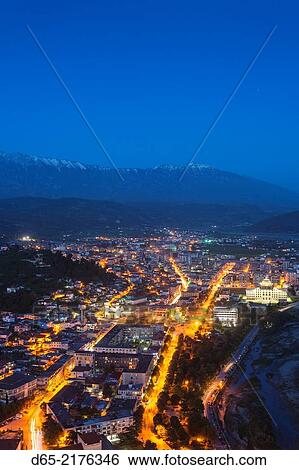 Albania, Berat, elevated city view, dusk. View Large Photo Image Stock Photograph - Albania, Berat, elevated city view, dusk.. Fotosearch