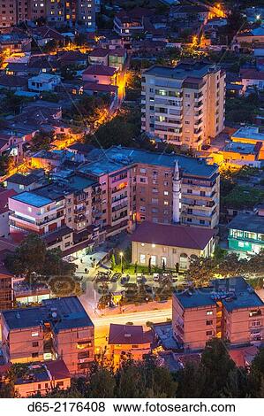 Albania, Berat, elevated town view from the Kala Citadel, dusk. View Large Photo Image Stock Photo - Albania, Berat, elevated town view from the Kala Citadel, dusk.. Fotosearch