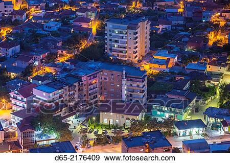 Albania, Berat, elevated town view from the Kala Citadel, dusk. View Large Photo Image Stock Photo - Albania, Berat, elevated town view from the Kala Citadel, dusk.. Fotosearch