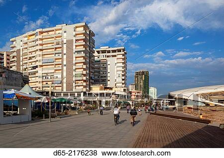 Stock Photo - Albania, Durres, buildings along the beachfront promenade.. Fotosearch