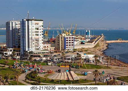 Albania, Durres, elevated beachfront view. View Large Photo Image Stock Photograph - Albania, Durres, elevated beachfront view.. Fotosearch