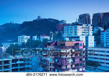 Stock Image - Albania, Durres, elevated city view, dawn.. Fotosearch