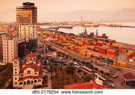 Albania, Durres, elevated port view, sunset. View Large Photo Image Picture - Albania, Durres, elevated port view, sunset.. Fotosearch