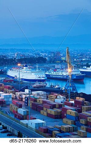 Albania, Durres, elevated port view, dusk. View Large Photo Image Stock Image - Albania, Durres, elevated port view, dusk.. Fotosearch