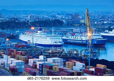 Albania, Durres, elevated port view, dusk. View Large Photo Image Stock Photo - Albania, Durres, elevated port view, dusk.. Fotosearch