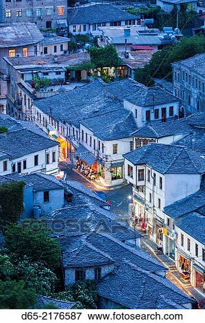 Albania, Gjirokastra, elevated town view from the castle, dusk. View Large Photo Image Stock Photo - Albania, Gjirokastra, elevated town view from the castle, dusk.. Fotosearch