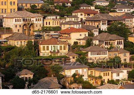 Albania, Gjirokastra, elevated view of Ottoman-era houses, dawn. View Large Photo Image Stock Image - Albania, Gjirokastra, elevated view of Ottoman-era houses, dawn.. Fotosearch
