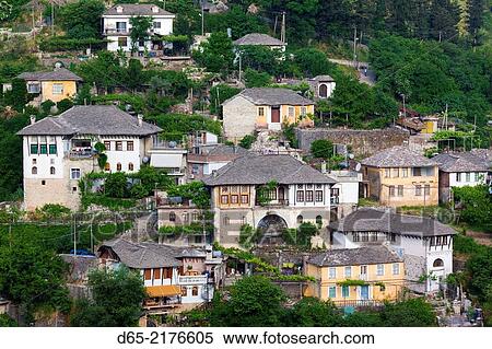 Albania, Gjirokastra, elevated view of Ottoman-era houses, dawn. View Large Photo Image Stock Photography - Albania, Gjirokastra, elevated view of Ottoman-era houses, dawn.. Fotosearch