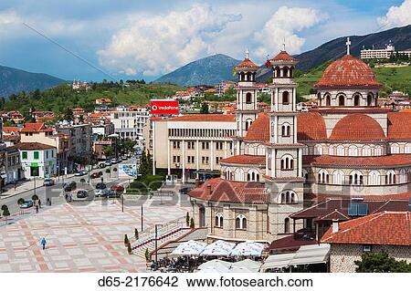 Albania, Korca, the Orthodox Cathedral, elevated view along the Boulevard Republika. View Large Photo Image Stock Image - Albania, Korca, the Orthodox Cathedral, elevated view along the Boulevard Republika.. Fotosearch