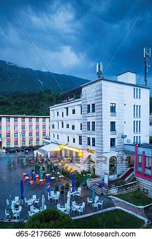 Albania, Permet, Abdul Frasheri Square, dusk. View Large Photo Image Stock Photograph - Albania, Permet, Abdul Frasheri Square, dusk.. Fotosearch