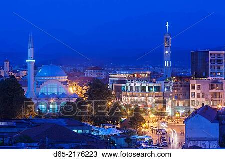 Albania, Shkodra, Dugajte e Reja, New Shops area, El Zamil Mosque, elevated view, dusk. View Large Photo Image Stock Image - Albania, Shkodra, Dugajte e Reja, New Shops area, El Zamil Mosque, elevated view, dusk.. Fotosearch