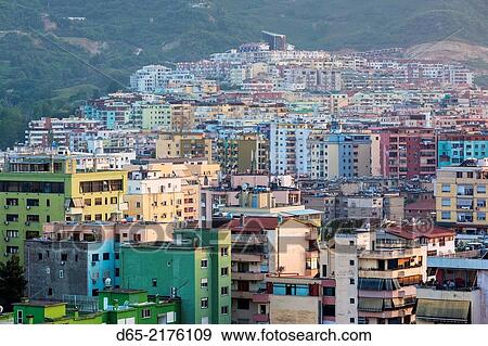 Albania, Tirana, elevated city view, dusk. View Large Photo Image Stock Photo - Albania, Tirana, elevated city view, dusk.. Fotosearch